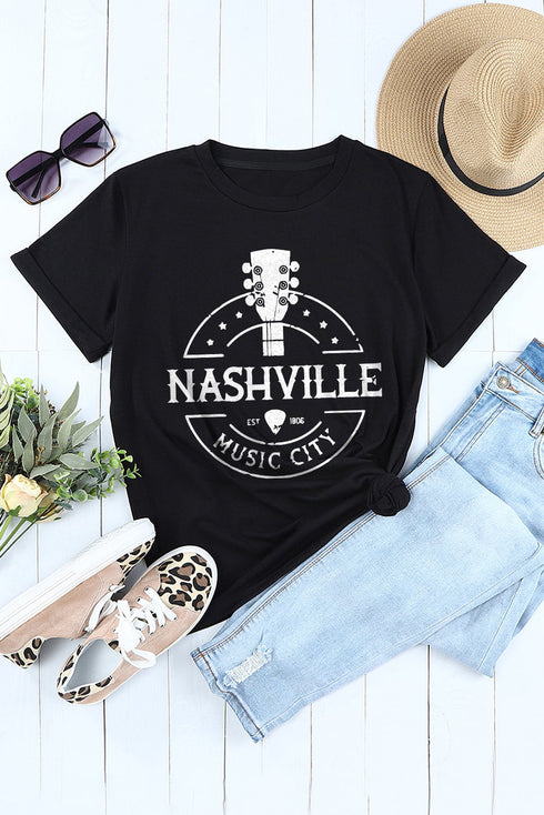 Black Nashville Music City Graphic Print Crew Neck T Shirt